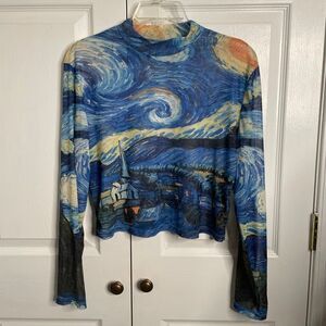 SHEIN Womens Vincent Van Gogh Starry Night Mesh Crop Top 2X Long Sleeve Vixen